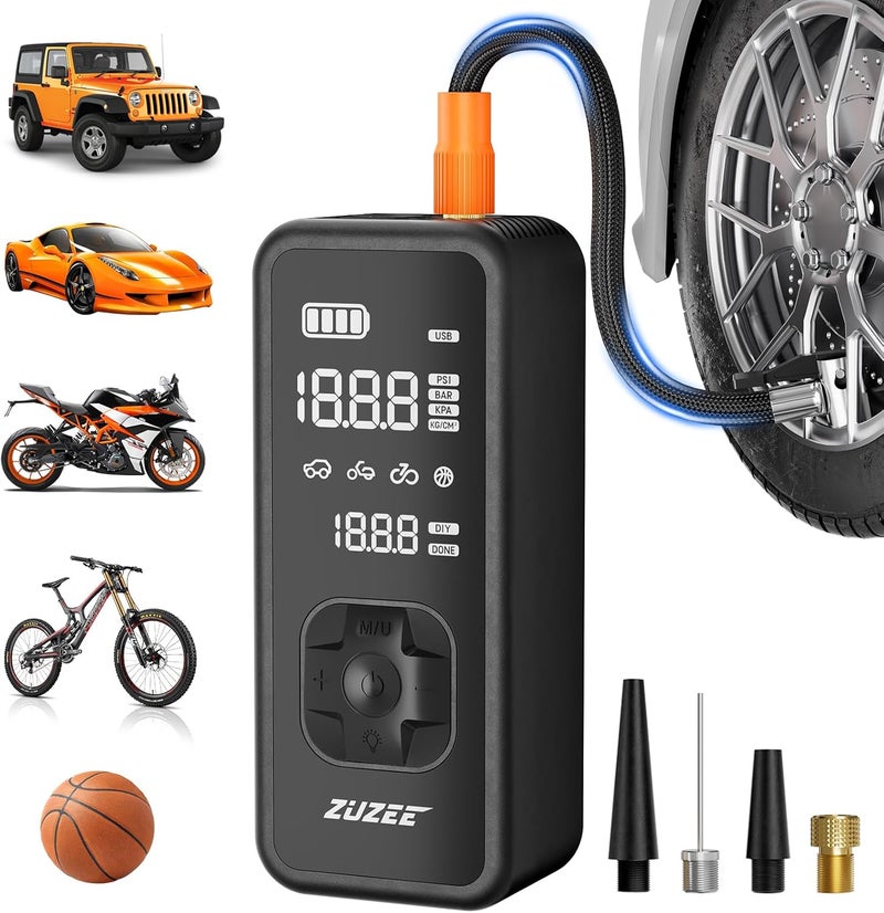 ZUZEE ضاغط هواء محمول لتضخيم الإطارات - تضخيم أسرع 4 مرات، مضخة هواء 150PSI لإطارات السيارات مع مقياس ضغط رقمي/ضوء LED، ضاغط هواء محمول للسيارة، الدراجة النارية، الدراجة، الكرة، إلخ (أسود) - Image 1